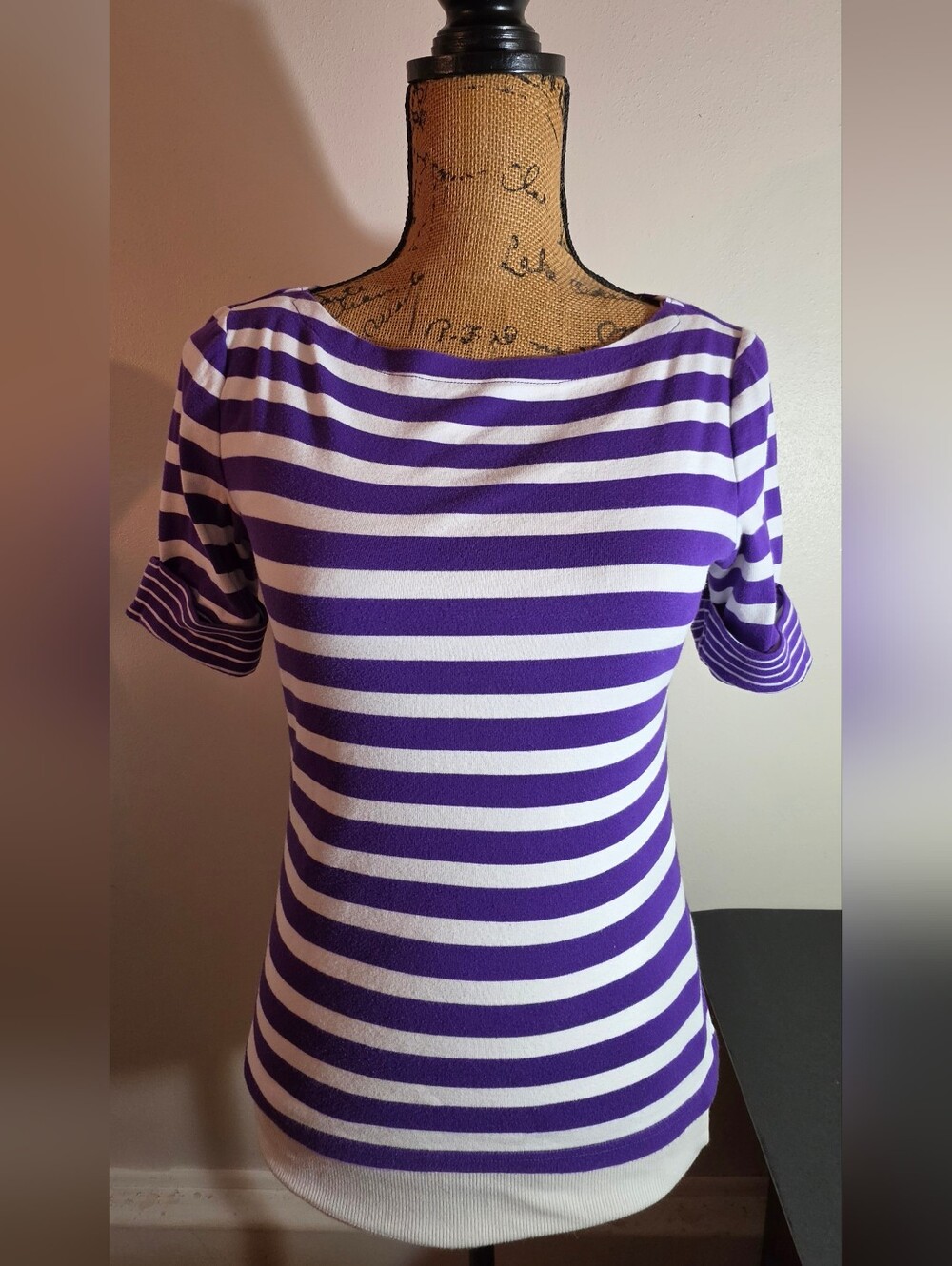 Lauren Ralph Lauren Purple & White Striped Boat Neck Short Sleeve Top